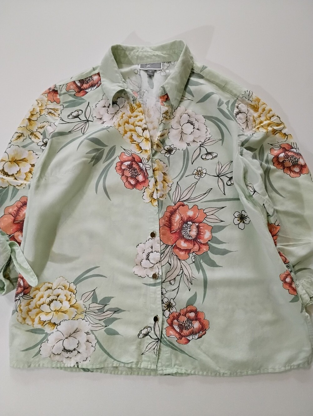 JM Collection Linen Top Womens 10 Sage Green Orange Yellow Floral Gold Buttons